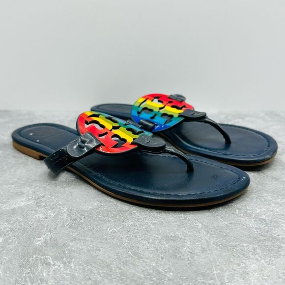 Tory Burch Miller Leather Thong Sandal Rainbow Navy US size 7 - Picture 3 of 11